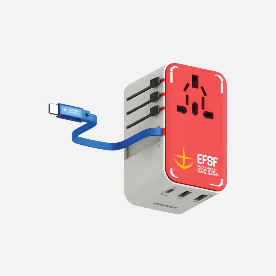 1-World+ 3-Port Travel GaN Charger With Built-in USB-C Cable 70W - Gundam Edition