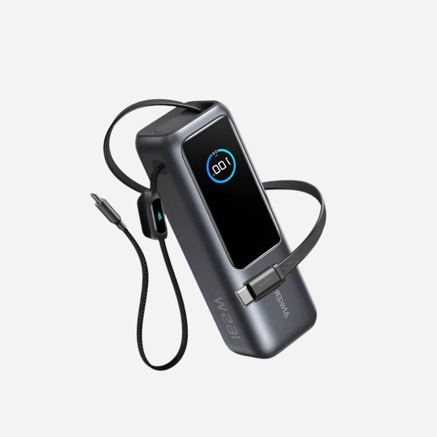 Powerbank 25000mAh with Built-In and Retractable Cable 165W - Gray