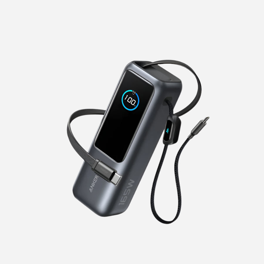 Powerbank 25000mAh with Built-In and Retractable Cable 165W - Gray