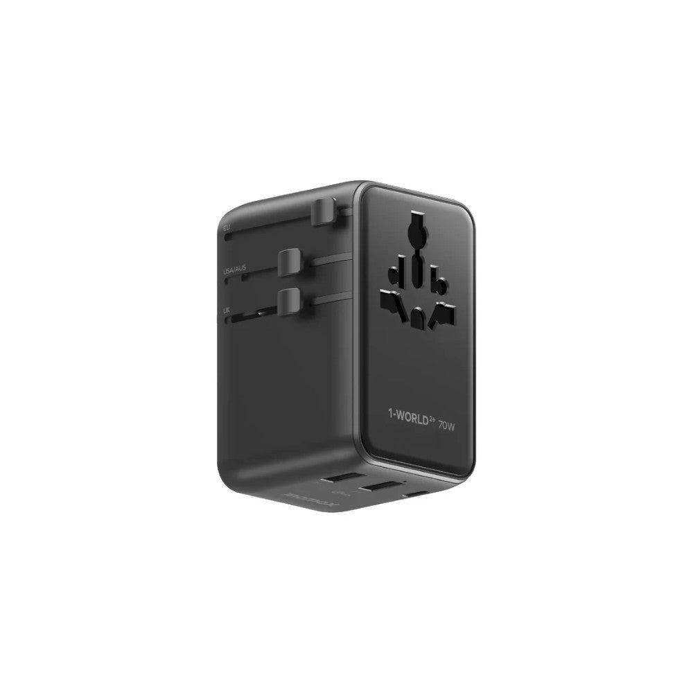 1-World²⁺ 70W 3-Port Dual AC Travel Adapter with Built-In Retractable Cable